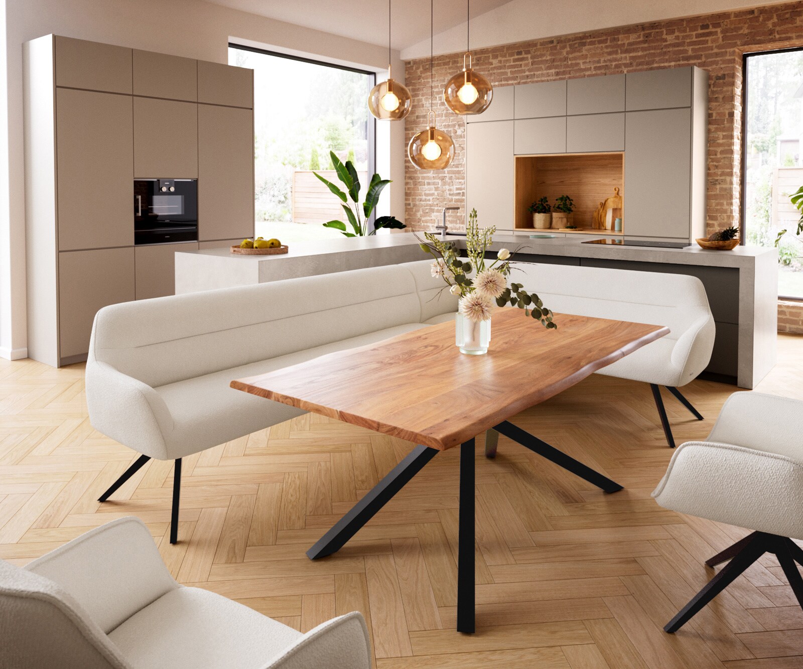 Banc-de-salle-à-manger Taya-Flex 285x190 cm bouclé crème-blanc pied croisé angulaire noir ressort ensaché liens 1