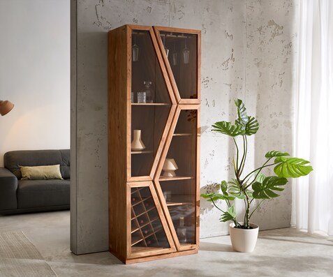 Vitrine-en-verreTaza 75x210 cm acacia naturel 4 portes armoire de bar