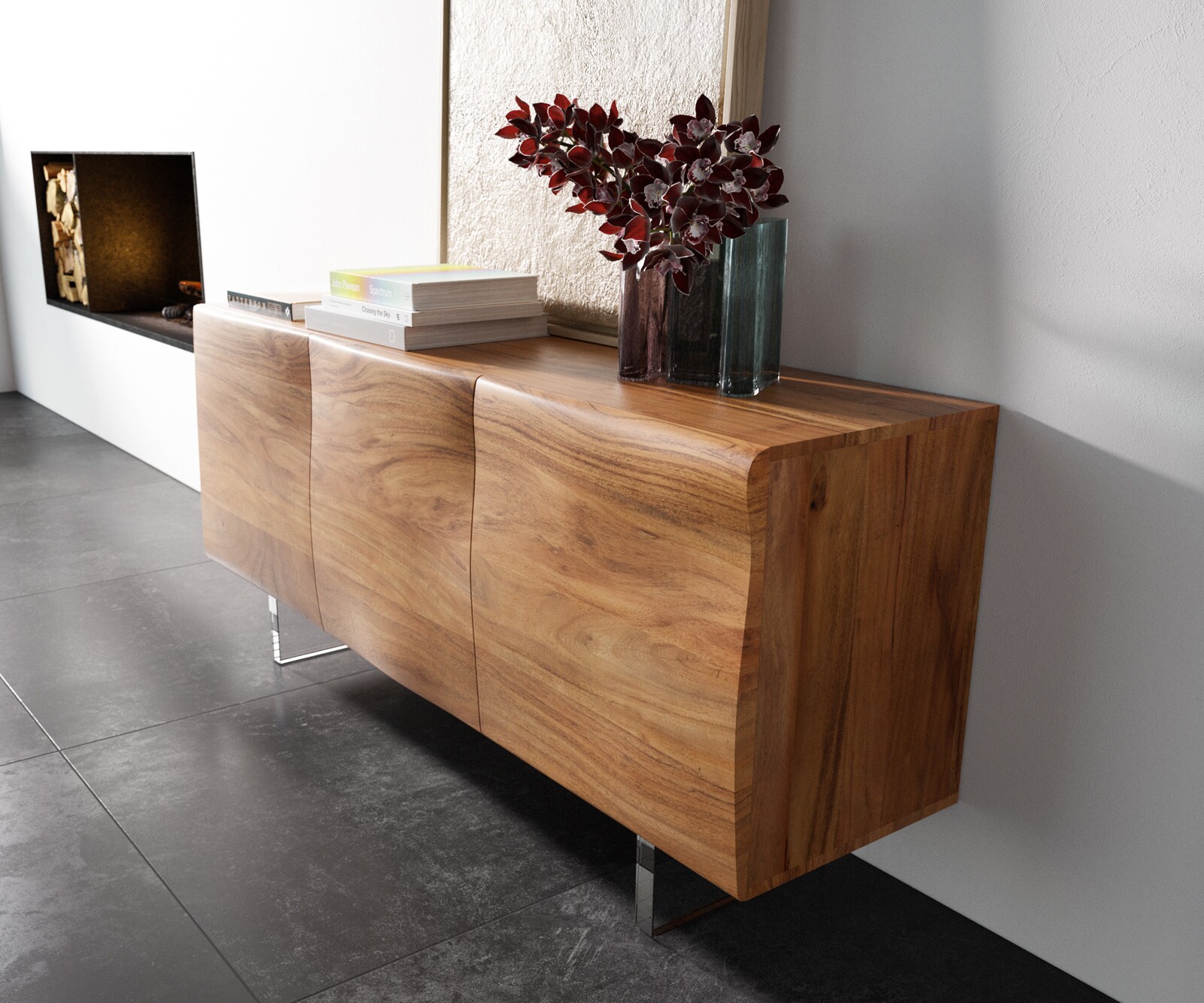 Buffet New Live-Edge 145 cm acacia naturel 3 portes pied acrylique 2