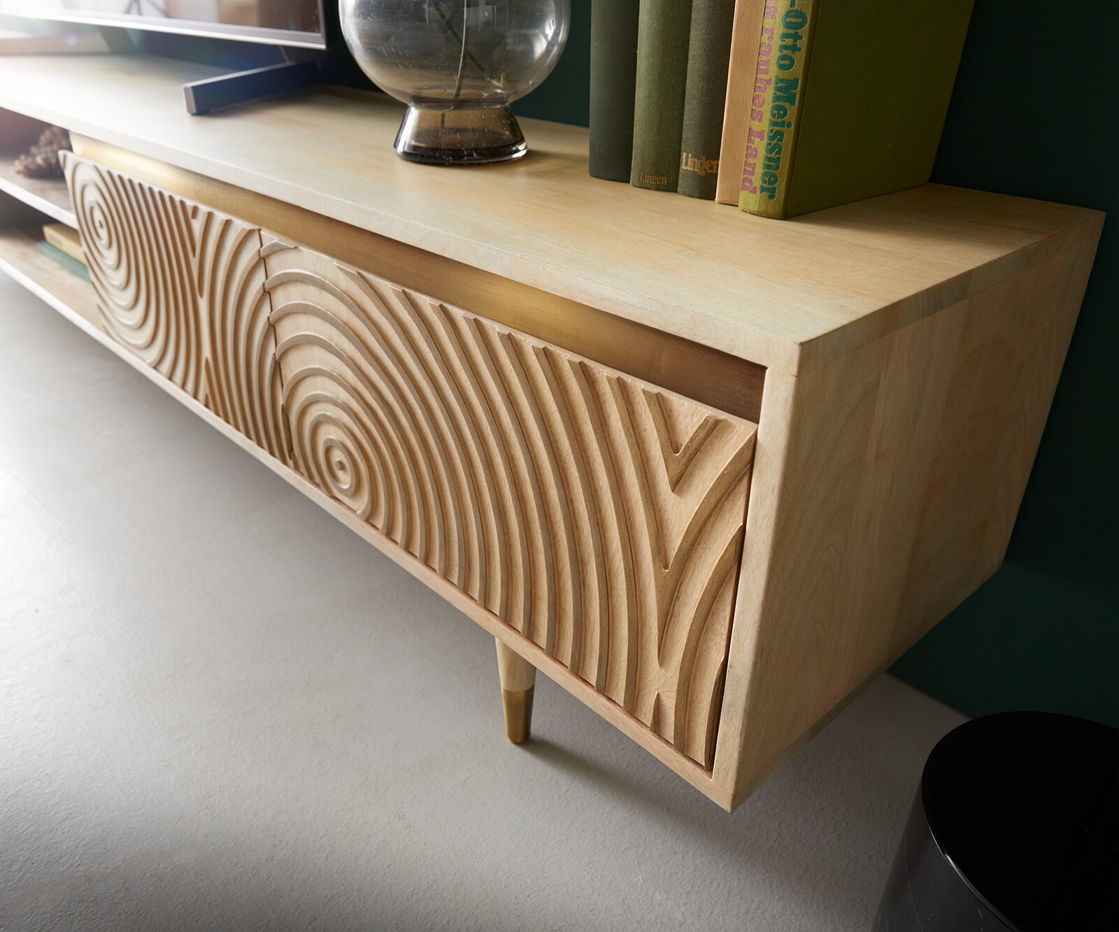 Meuble-TV Budaya 220 cm manguier naturel 4 portes pied conique 6