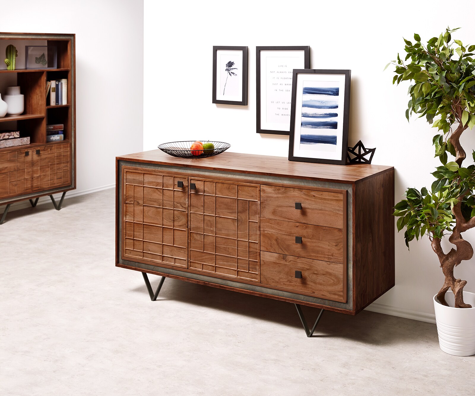 Buffet Stonegrace 150 cm acacia marron 3D 2 portes 3 tiroirs pied en V noir