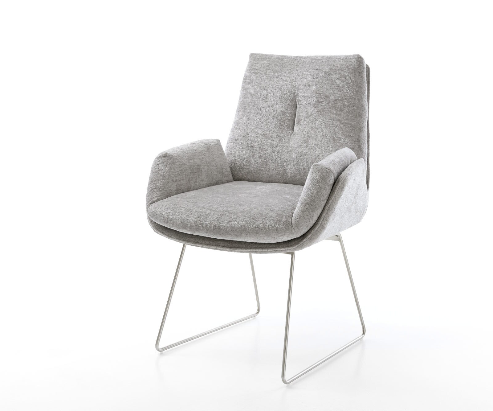 Chaise-de-salle-à-manger Clea-Flex chenille gris argenté pied trapèze acier inoxydable brossé