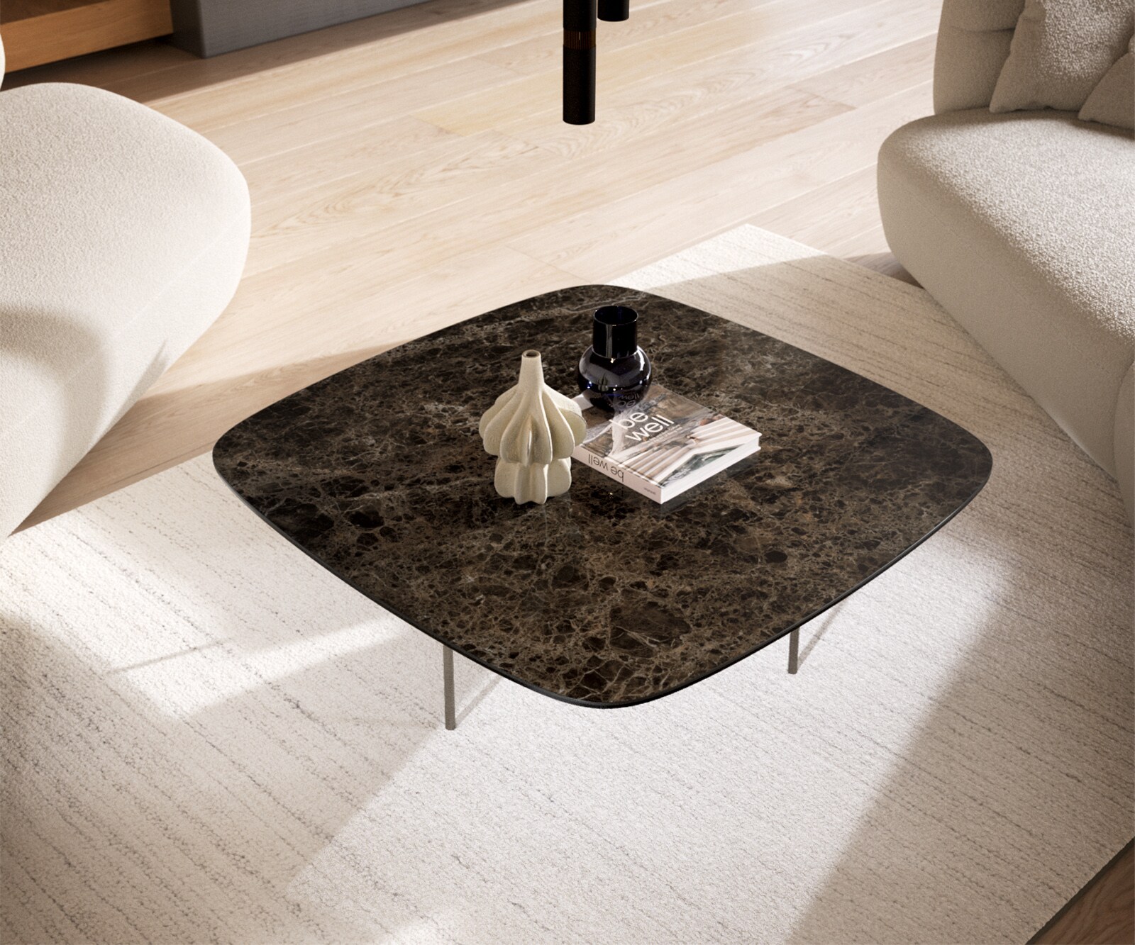 Table basse Edge Boot 90x90 cm céramique Laminam® Emperador Extra Lucidato brun foncé Trive acier inoxydable brossé 4
