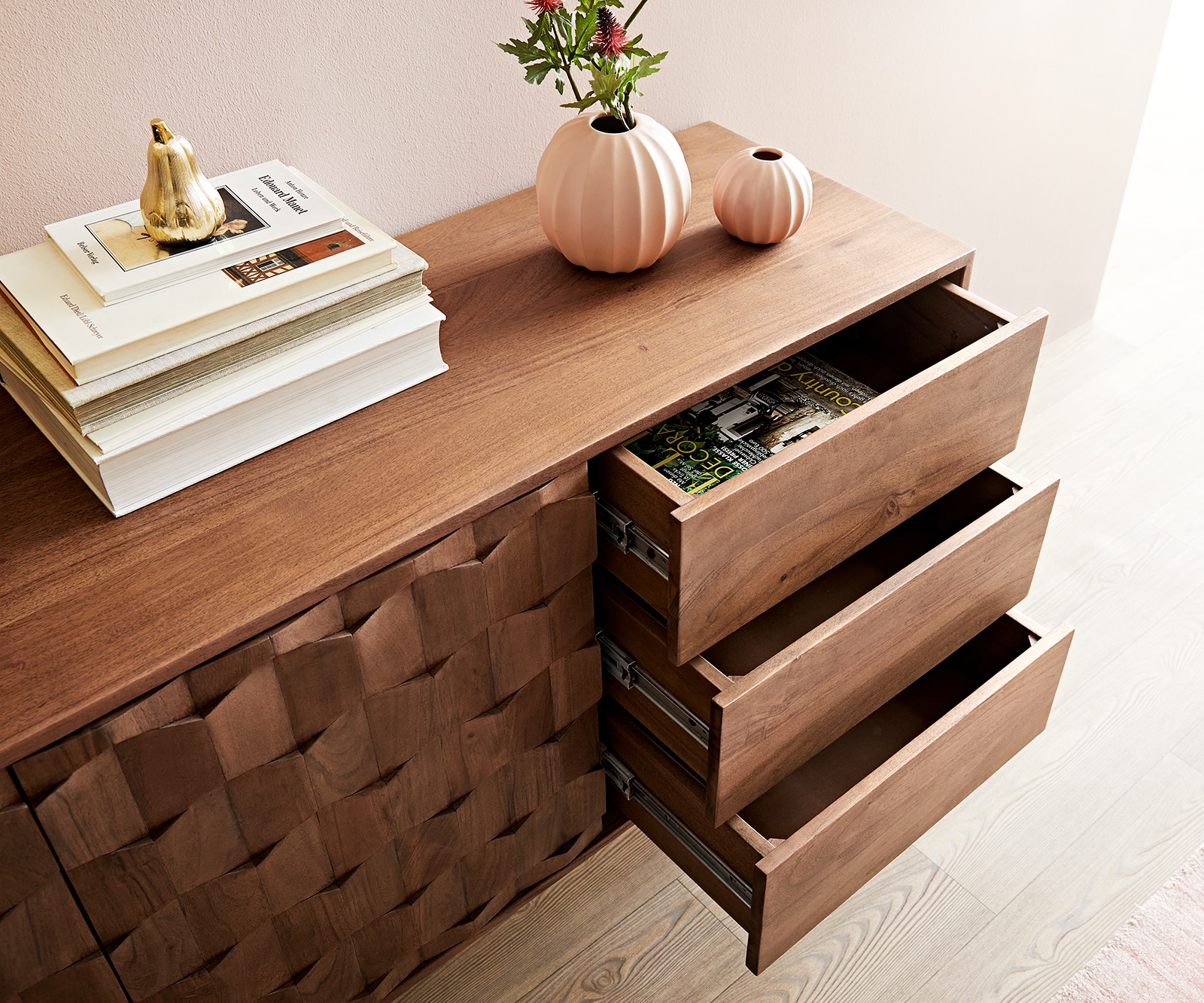 Buffet Fevo 145 cm acacia marron 2 portes 3 tiroirs Pied-L 4 Buffet Fevo 145 cm acacia marron 2 portes 3 tiroirs Pied-L 4