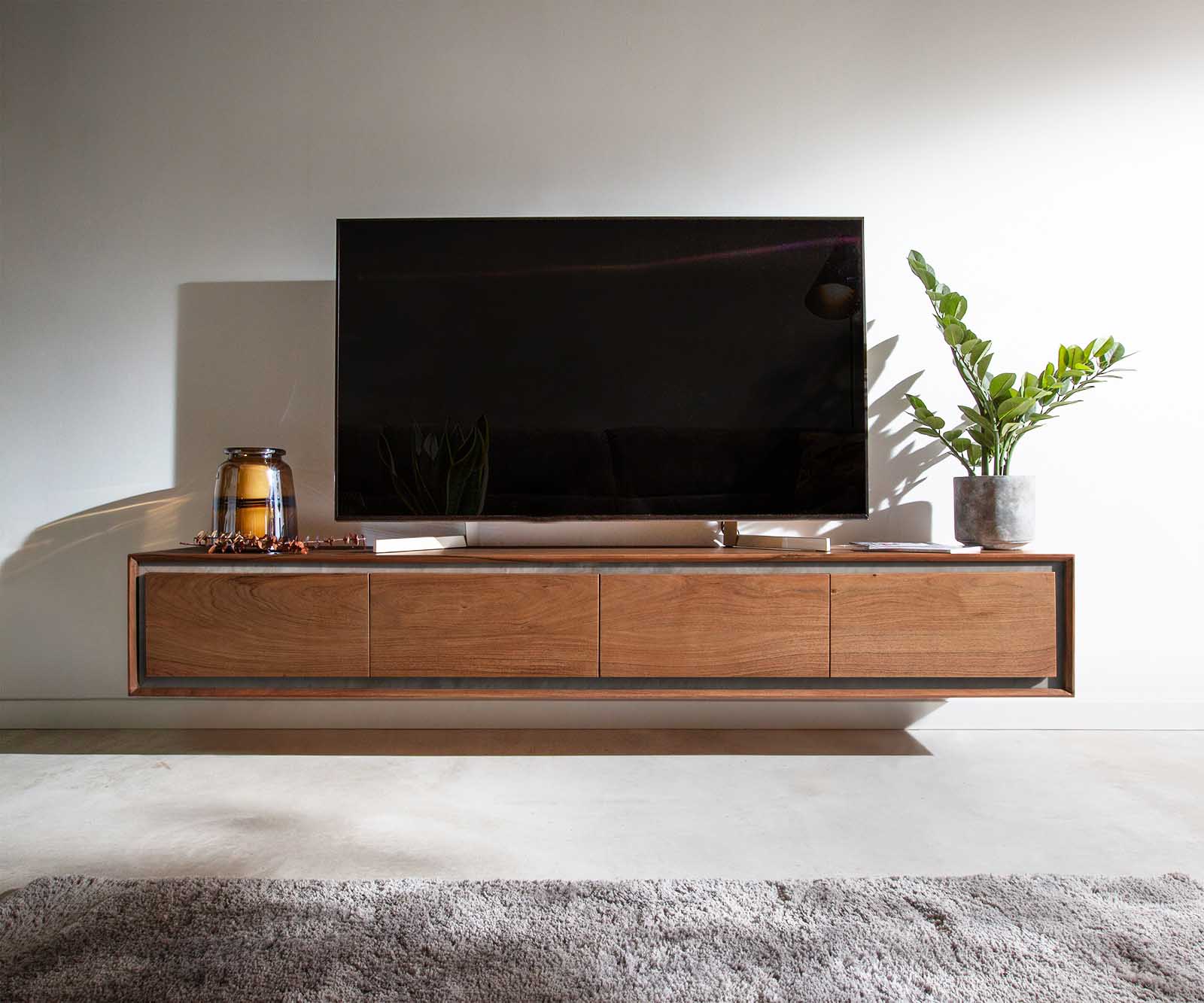 Meuble-TV Stonegrace 200 cm acacia marron plaqué pierre 4 portes en suspension 1