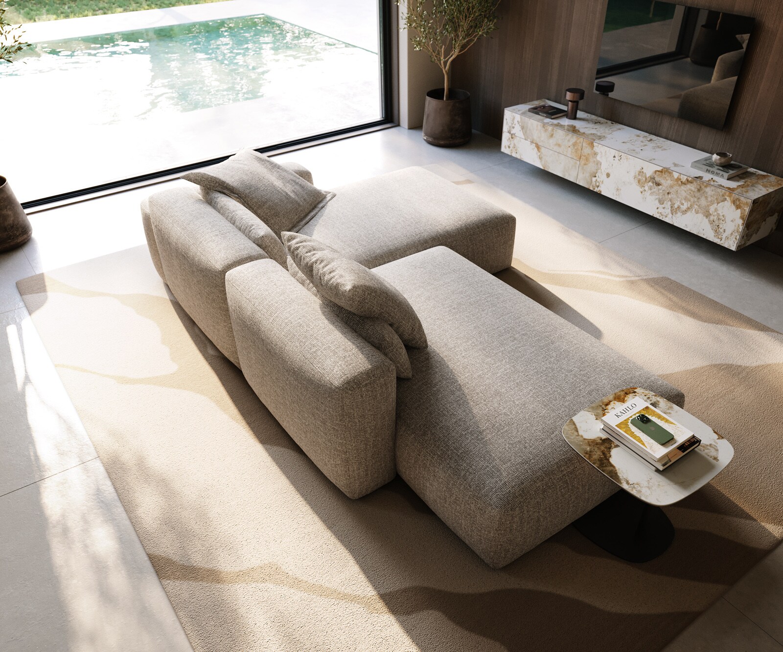 Canapé d'angle Freestyle 310x200 cm Tissu tissé doux Beige couture plate 3