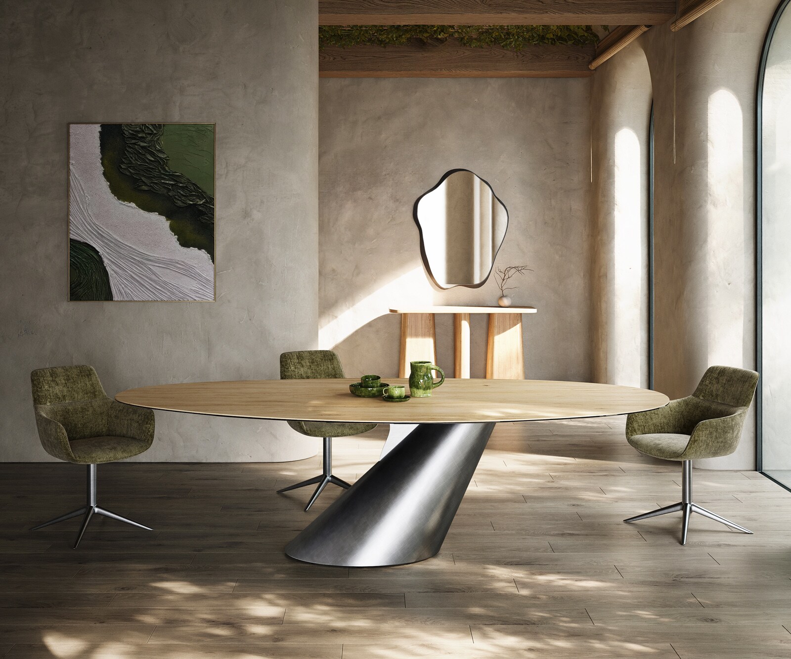 Table à manger Edge ovalee 280x130 céramique Laminam® Sabbia chêne coloré Cono métallique argent