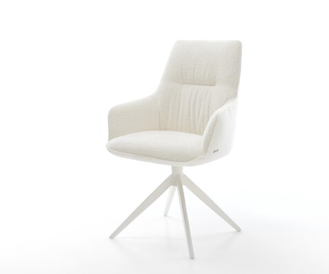 Chaise-pivotante Zelia-Flex avec accoudoirs bouclé doux beige pied croisé large blanc pivotement sur 360° fonction bascule resorts ensachés
