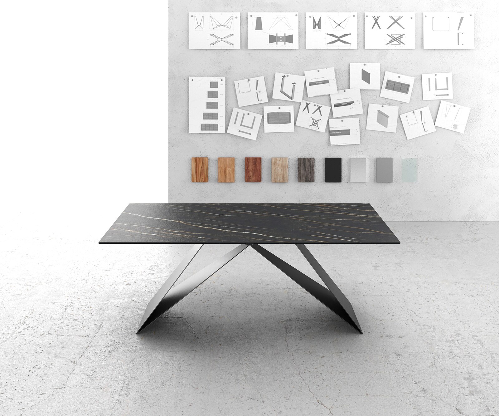 Table-à-manger Edge 200x100cm Laminam® céramique marron V-pieds milieu noir 1