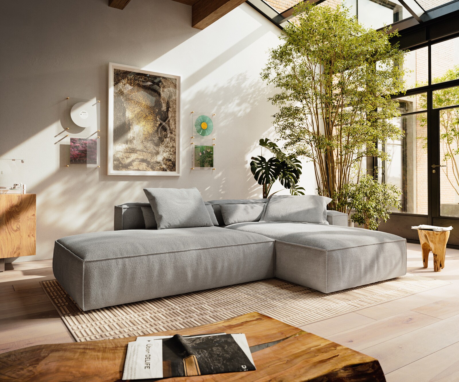 Canapé d'angle Freestyle Cozy 310x200 cm Tissu texturé gris doux