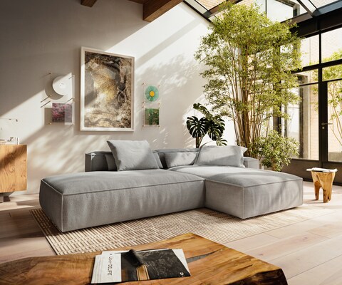 Canapé d'angle Freestyle Cozy 310x200 cm Tissu texturé gris doux
