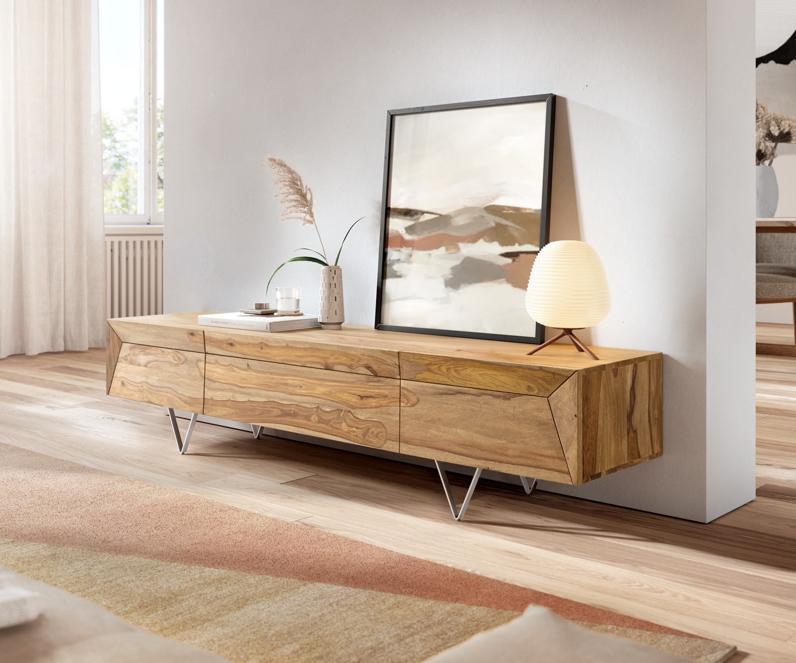 Meuble-TV Wyatt 175 cm sheesham nature 2 portes 1 abattant design Meuble-TV Wyatt 175 cm sheesham nature 2 portes 1 abattant design