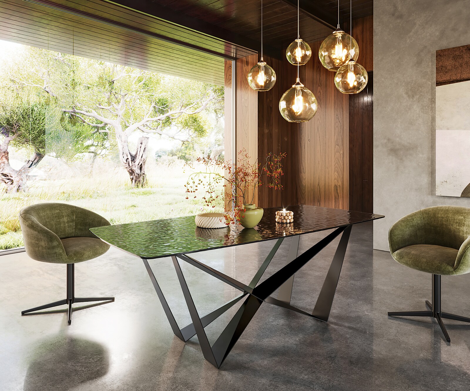 Table à manger Edge en forme de bateau 200x100 verre fondu noir fumé relief en 3D Spider acier plat noir 4