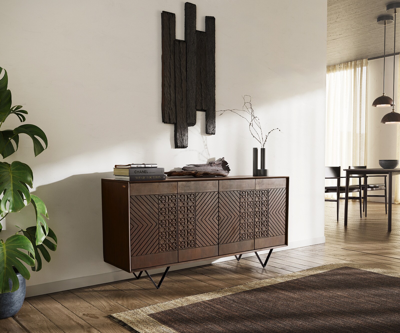 Buffet Manjula 145 cm Manguier marron 4 portes Pied en V métal noir