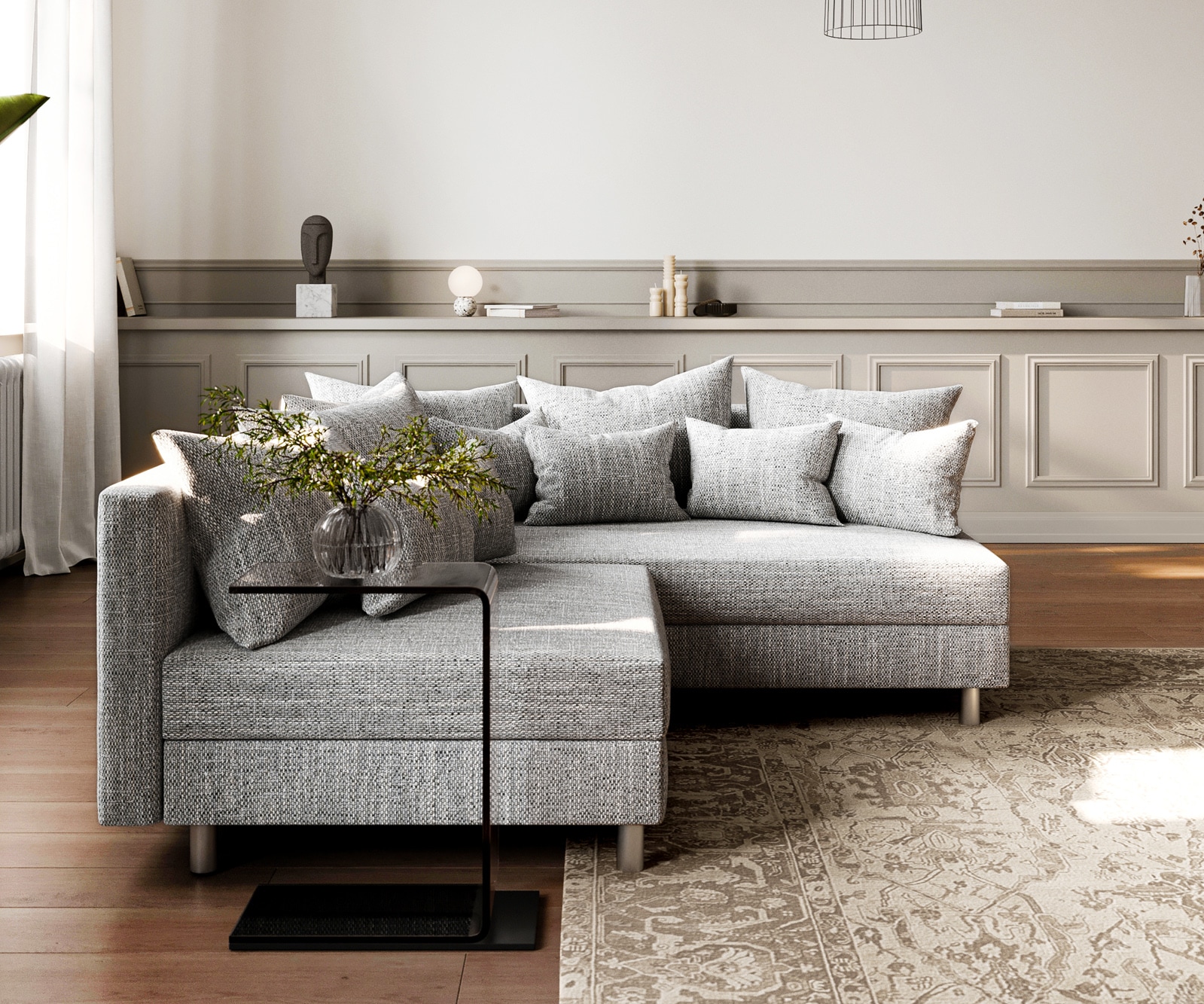 Canapé-d'angle Clovis tissu structuré gris clair ottoman droite canapé modulaire 1 Canapé-d'angle Clovis tissu structuré gris clair ottoman droite canapé modulaire 1