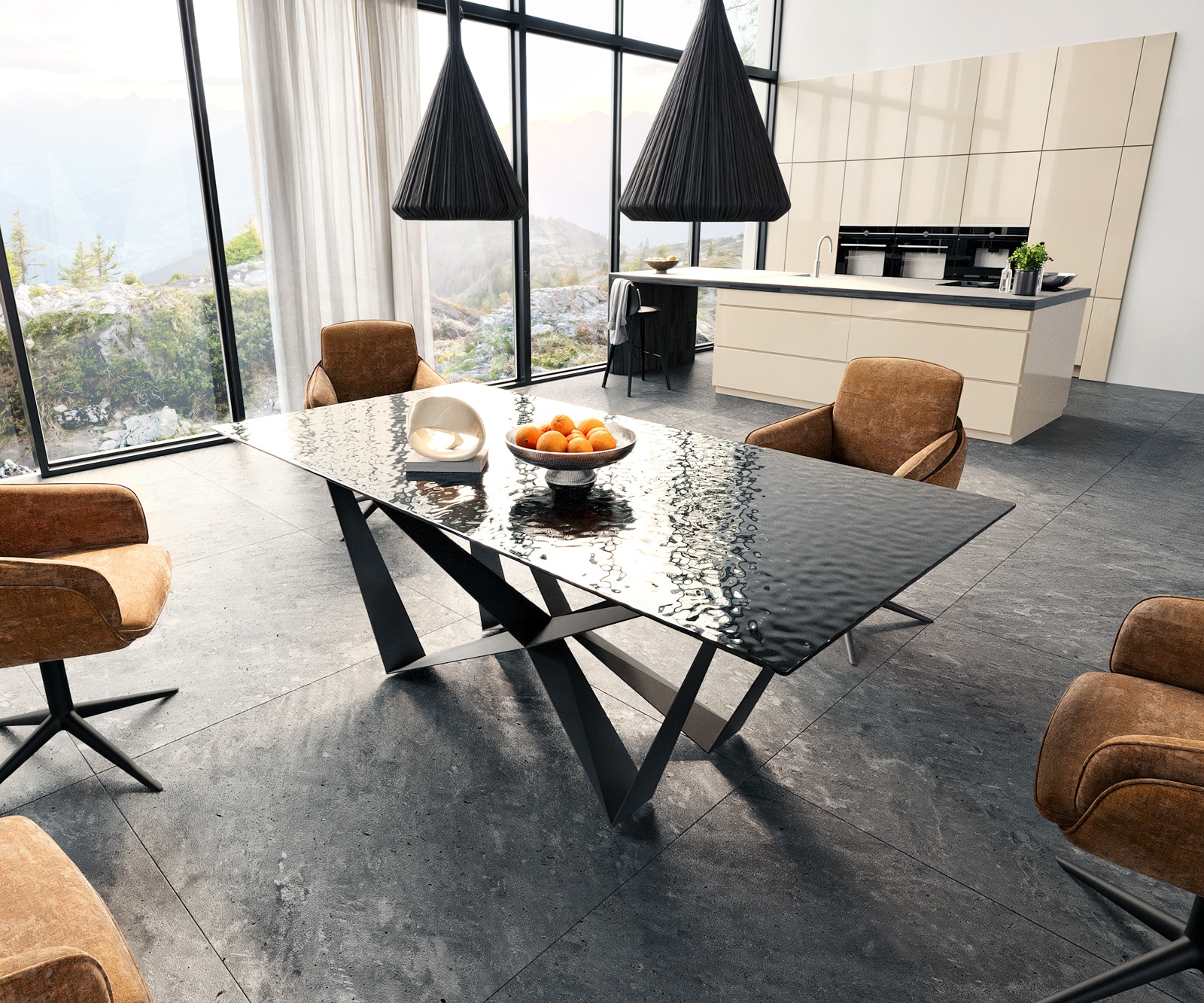 Table à manger Edge 200x100 verre fondu noir fumé relief en 3D Spider acier plat noir Table à manger Edge 200x100 verre fondu noir fumé relief en 3D Spider acier plat noir