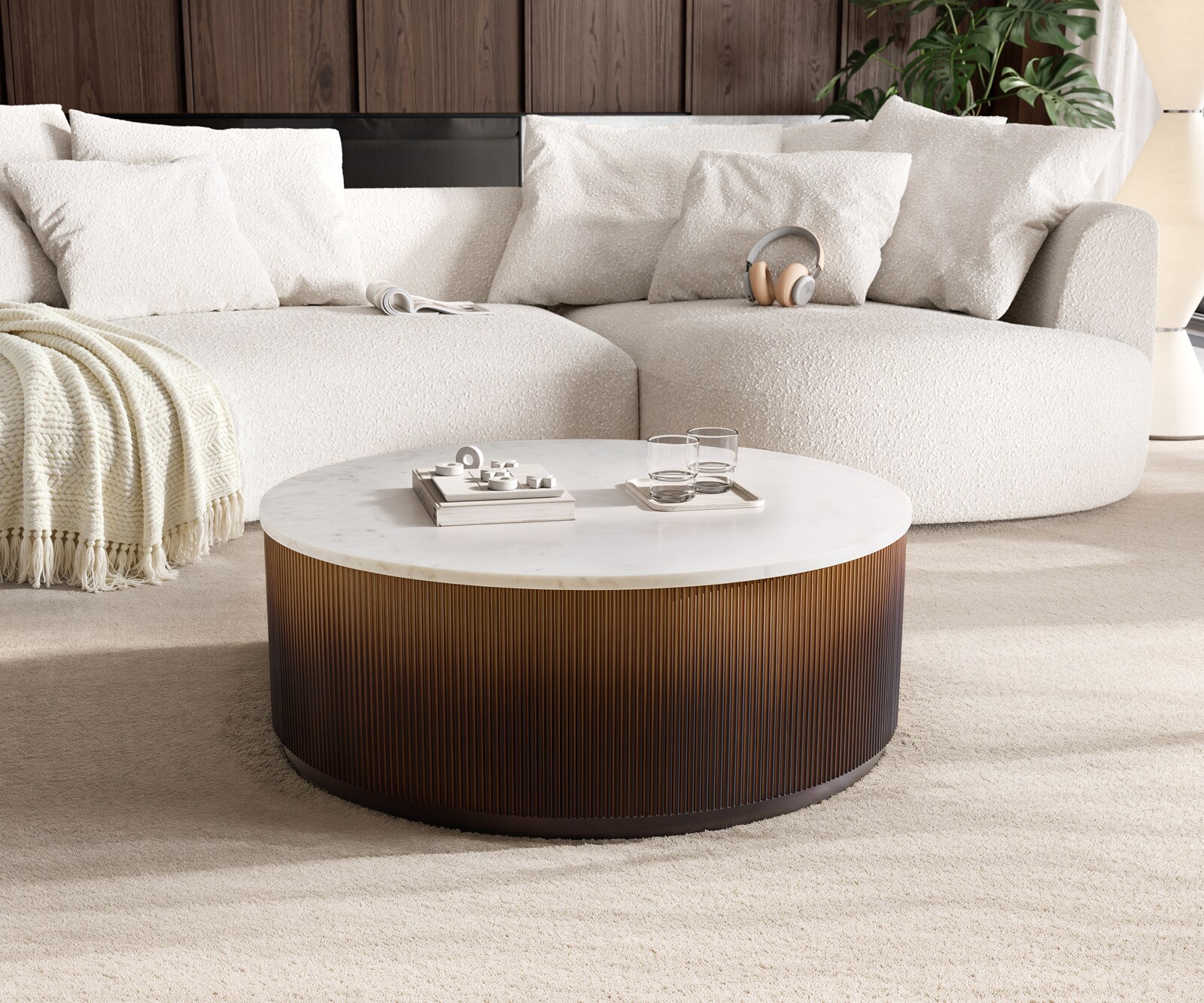 Table-basse Fiorano 90 x 90 cm Marbre blanc Métal doré Finition Fusion