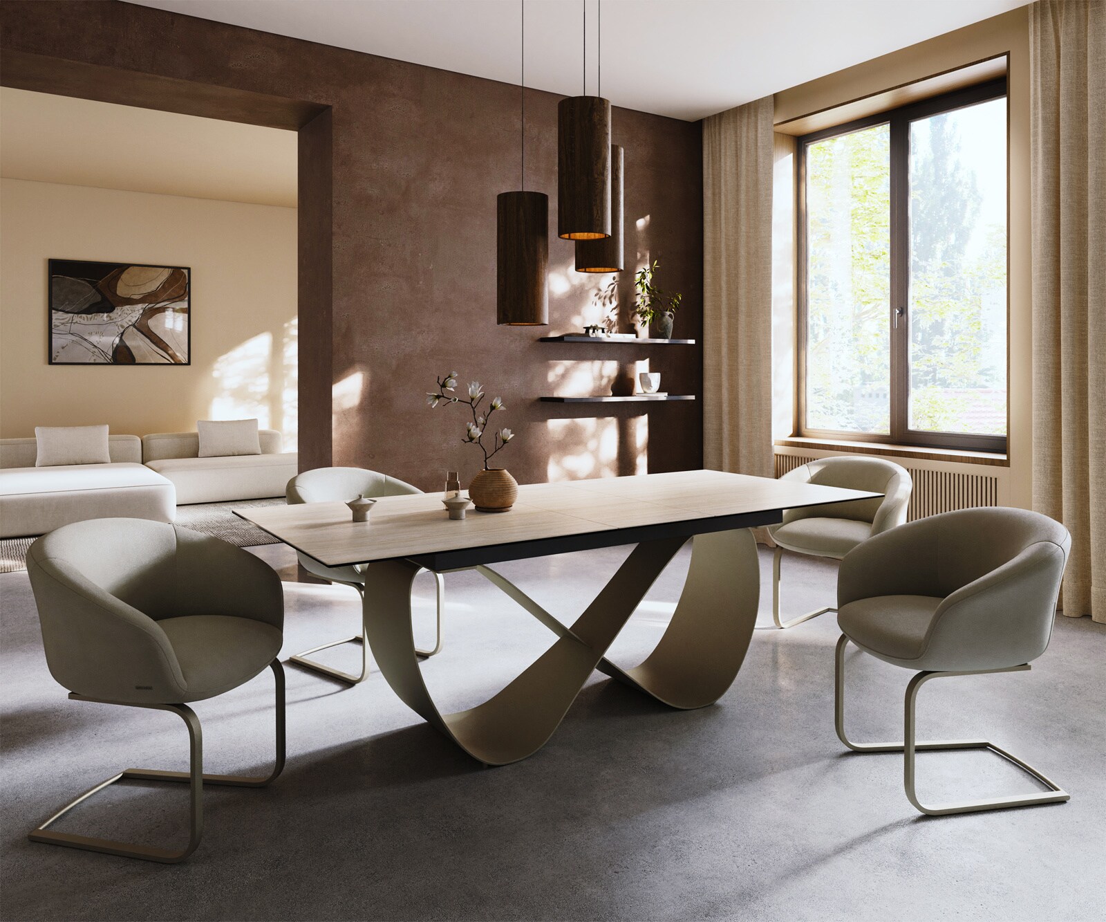 Table à manger Edge 180-220x100 céramique Laminam® Travertino Bianco crème-blanc Infinity métal effet finition titanee extensible 6