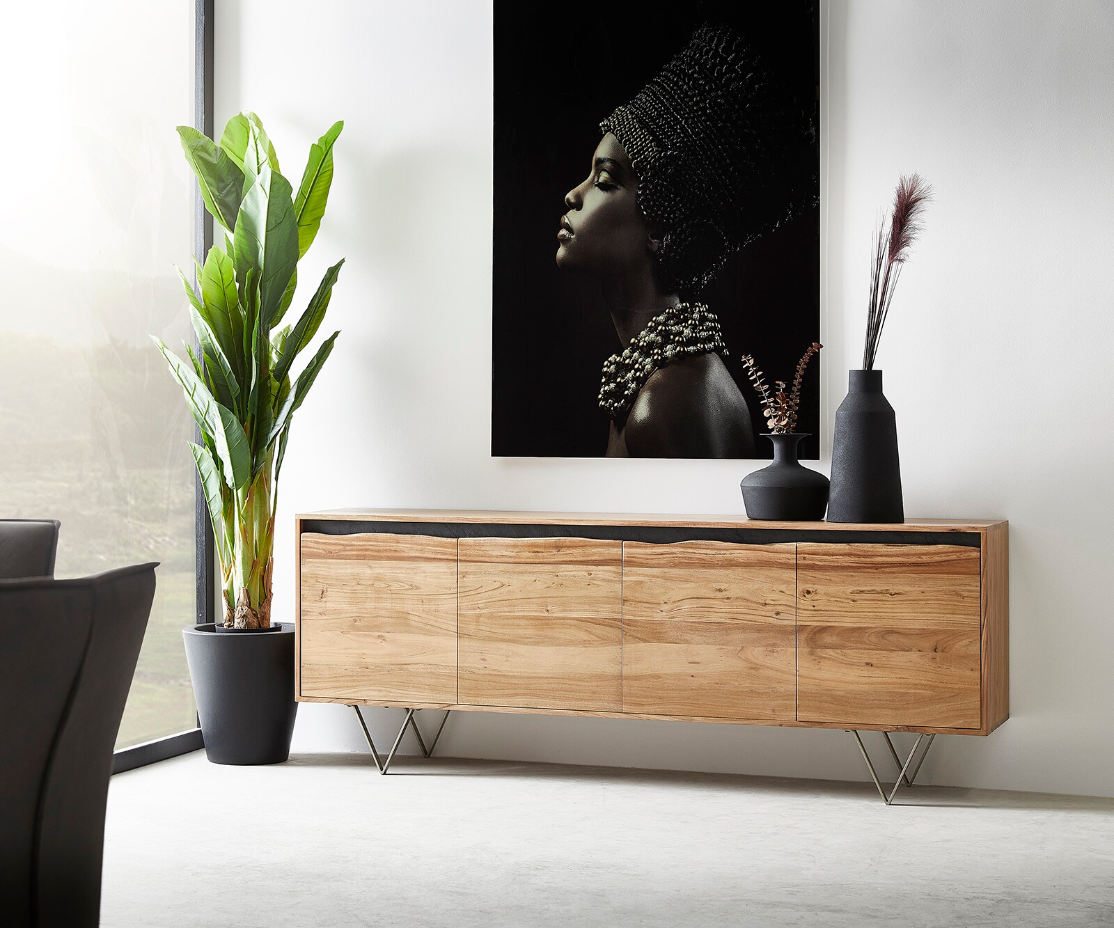 Commode Stonegrace 200x45 cm acacia nature 4 portes tronc d'arbre 1