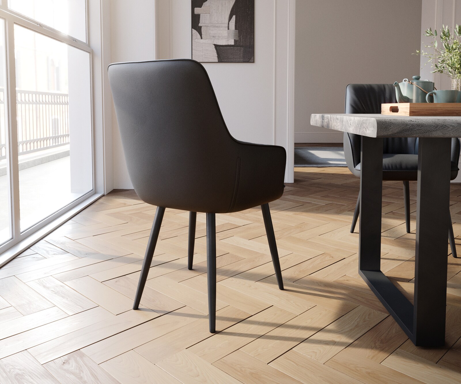 Chaise-de-salle-à-manger Zelia-Flex avec accoudoirs cuir de vache noir 4 pieds coniques noir ressorts ensachés 4 Chaise-de-salle-à-manger Zelia-Flex avec accoudoirs cuir de vache noir 4 pieds coniques noir ressorts ensachés 4