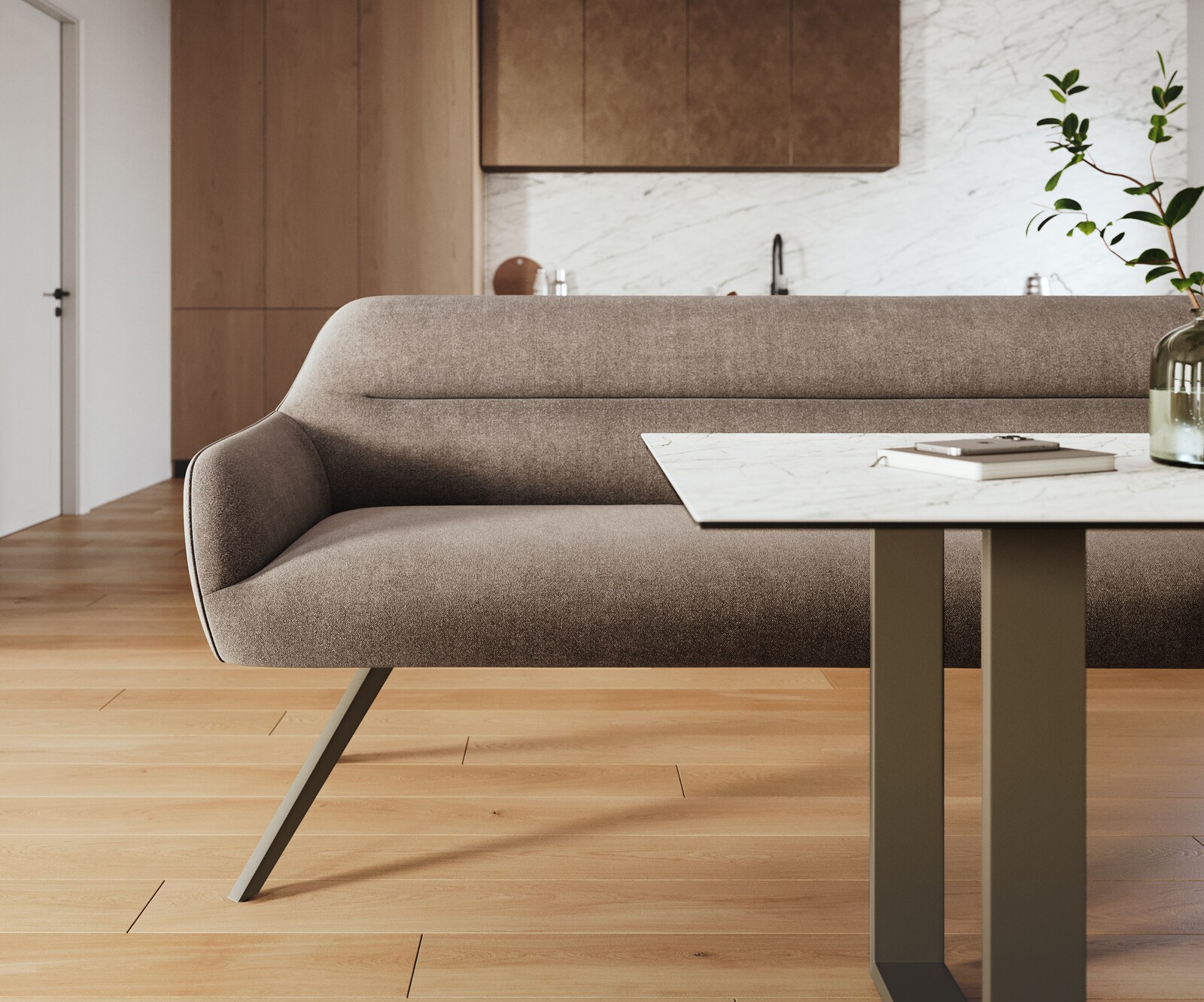 Banc-de-salle-à-manger Taya-Flex 200 cm tissu structuré doux taupe pied croisé angulaire titane ressort ensaché 1