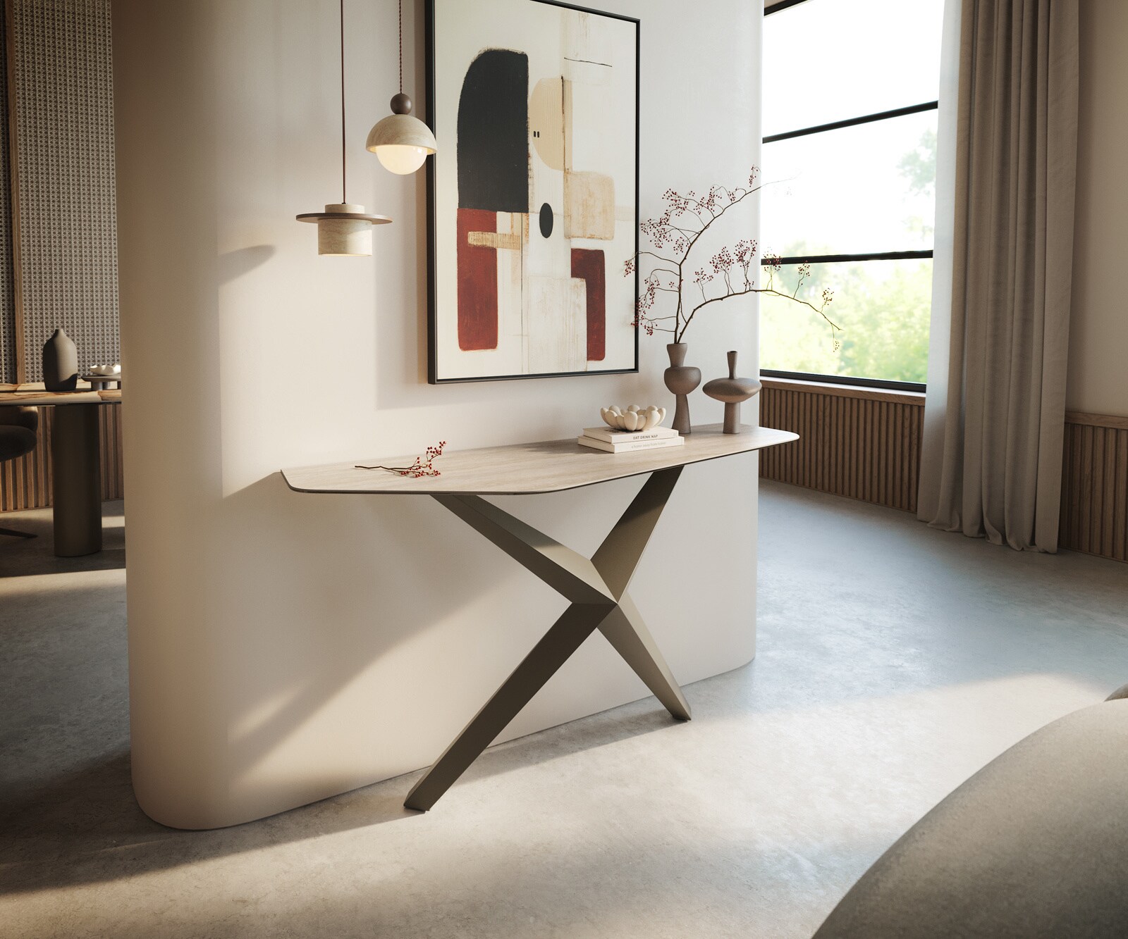 Console Edge Polygonal 140x50 cm Céramique Laminam® Travertino Bianco Creme-Weiß Zentharo Métal Effektfinish Titan 4