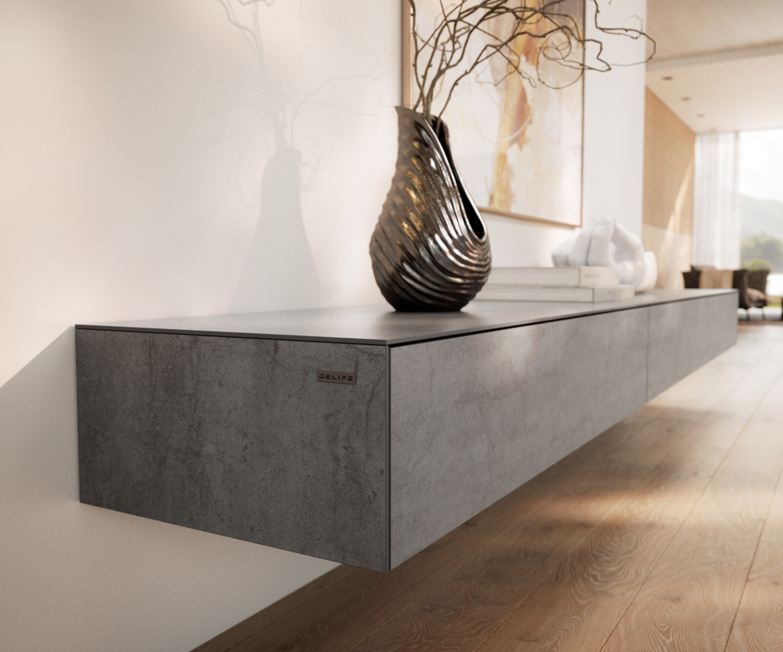 Meuble-TV Cuor 250 cm Céramique Béton gris 1 Clapet 1 Tiroir Flottant 6