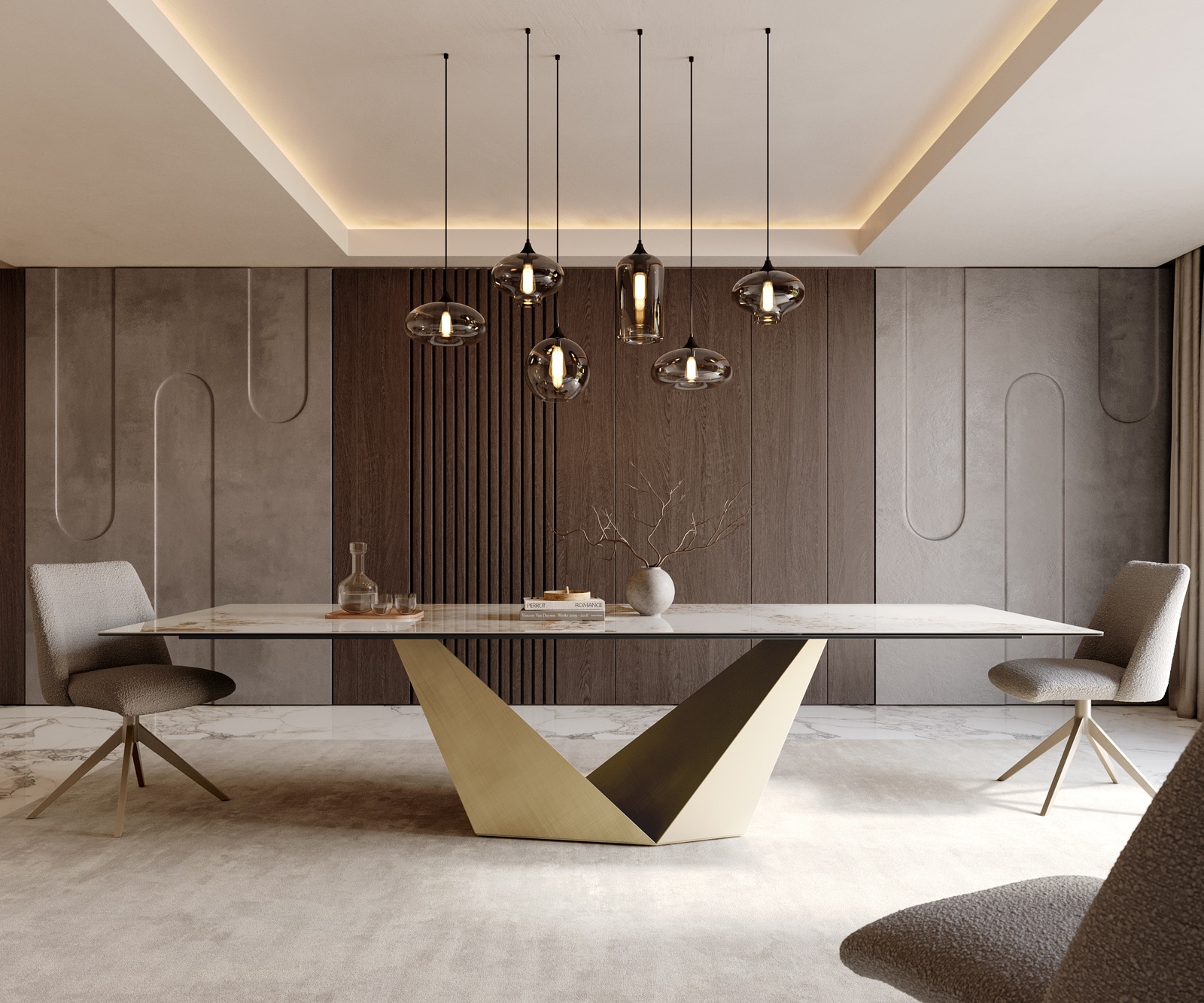 Table à manger Edge 300x100 céramique Minas mélange blanc-beige Prisma métallique doré 1