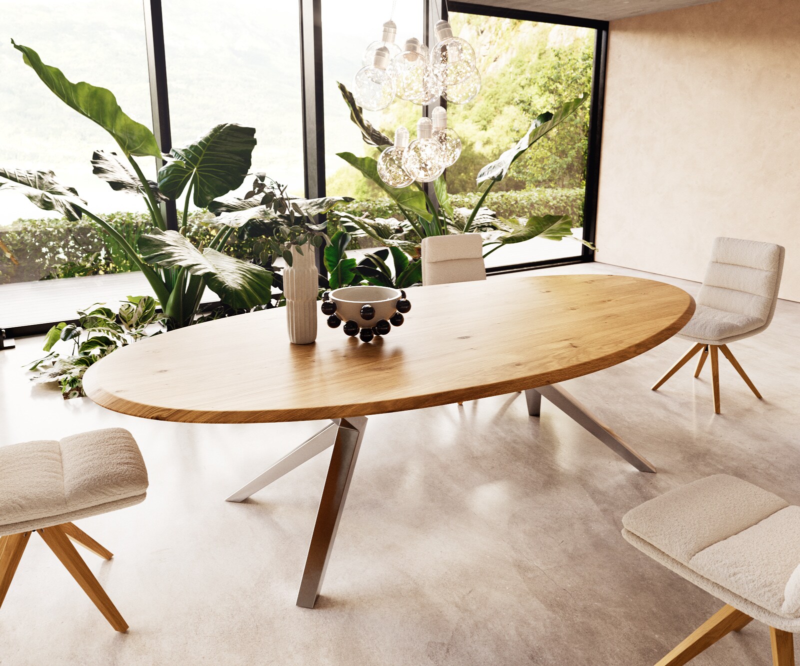 Table à manger Edge ovalee 280x130x2,5 chêne naturee Zenthara Angulaire acier inoxydable Flow-Edge