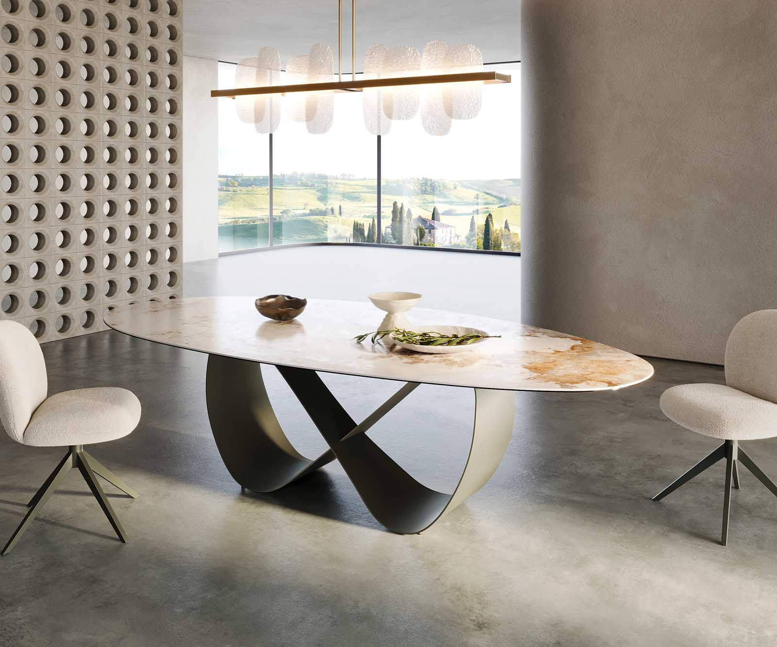 Table à manger Edge Oval 280x130 Céramique Minas Mélange Blanc-Beige Infinity Métal Effet Titane 6