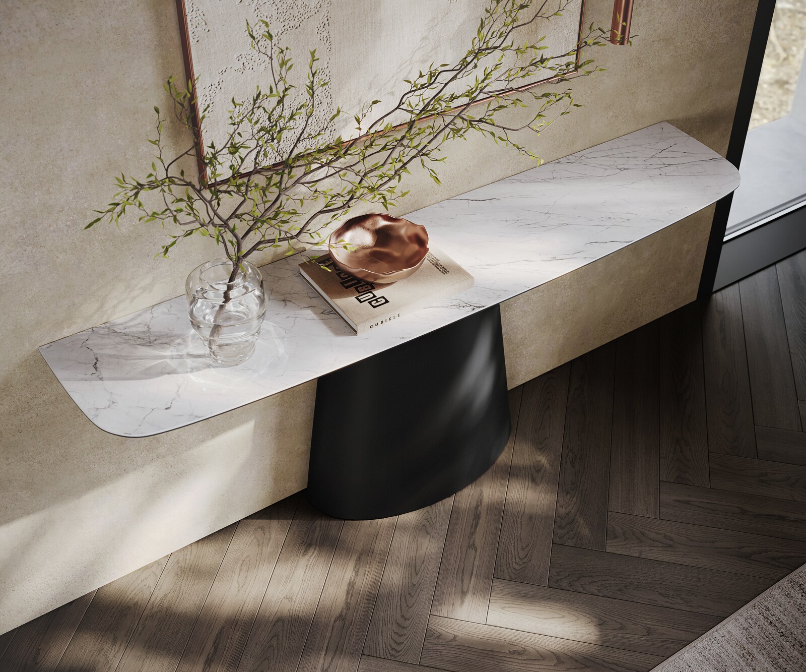 Console Edge forme bateau 180x40 cm Céramique Laminam® Statuarietto Weiß Conos Métal Noir 2
