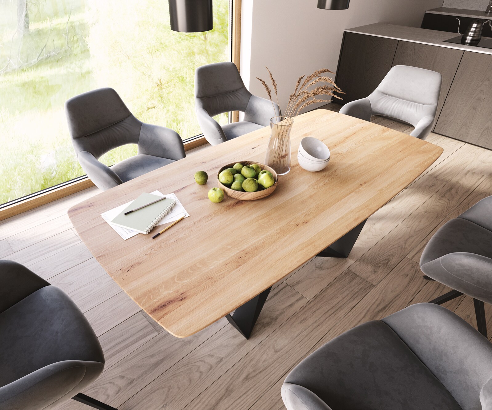 Table à manger Edge Boot 200x100x2,5-3 chêne nature Spider acier plat noir bord suisse 1
