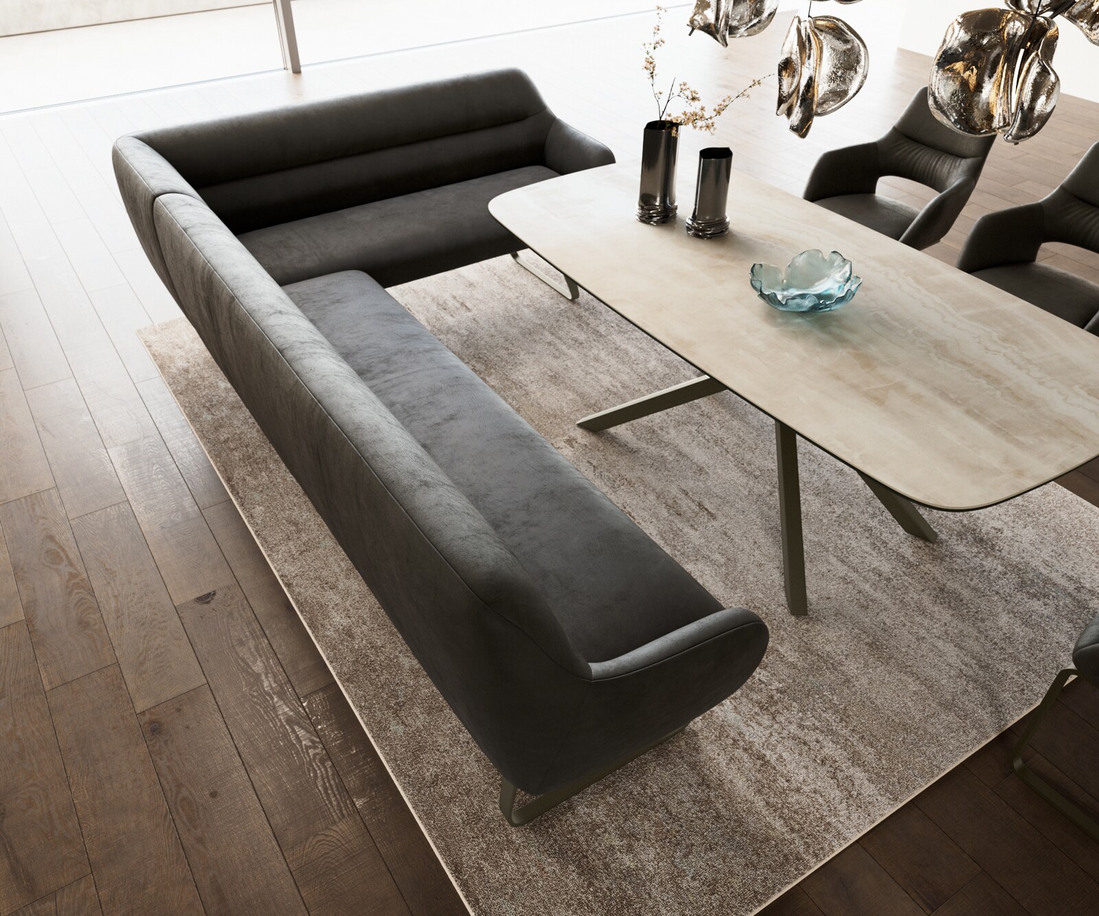 Banc-de-salle-à-manger Taya-Flex 285x190 cm microfibre antracite vintage châssis à patins plat titane ressort ensaché liens 4