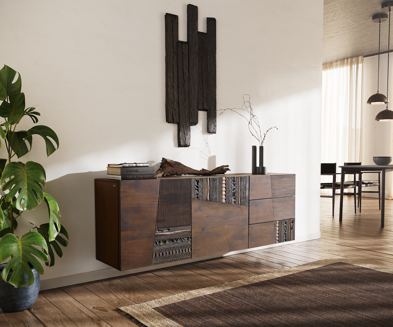 Buffet Imara 175 cm manguier brun 2 portes 3 tiroirs suspendu 1