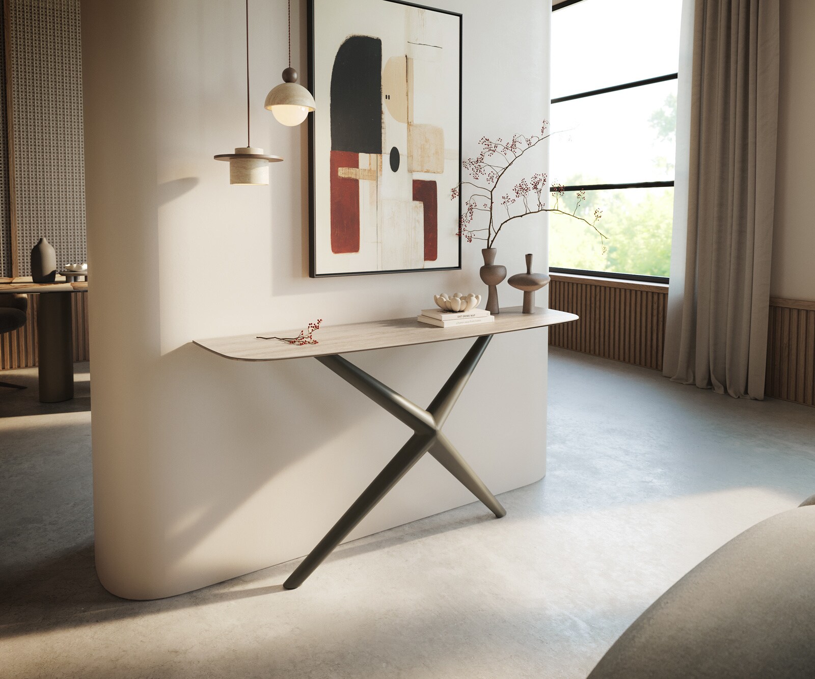 Console Edge forme bateau 140x40 cm Céramique Laminam® Travertino Bianco Creme-Weiß Estelo Métal Effektfinish Titan 4