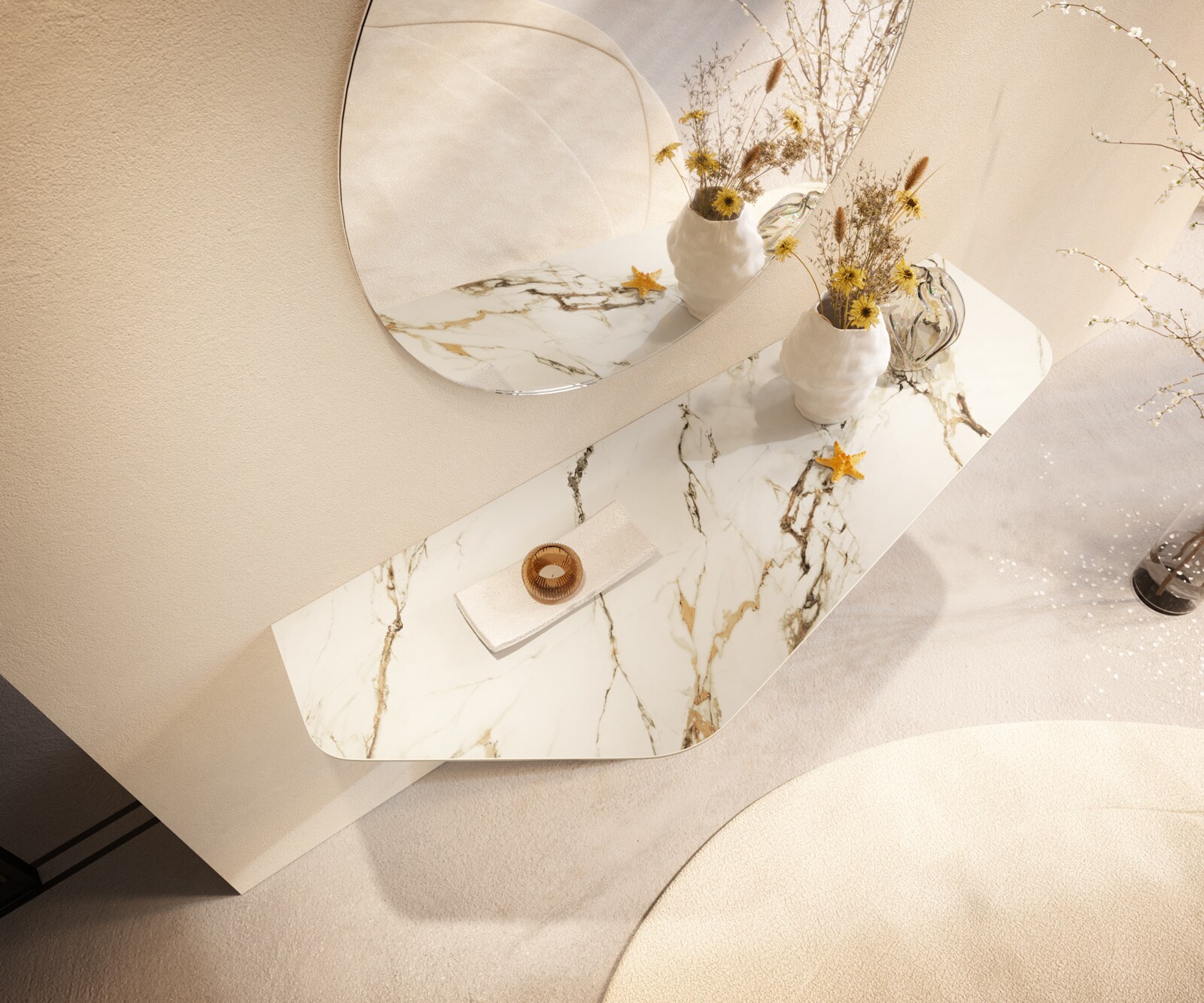 Console Edge Polygonal 140x50 cm Céramique Calacatta Luxe Weiß-Gold-Gris Zentharo Métal Effektfinish Titan 2