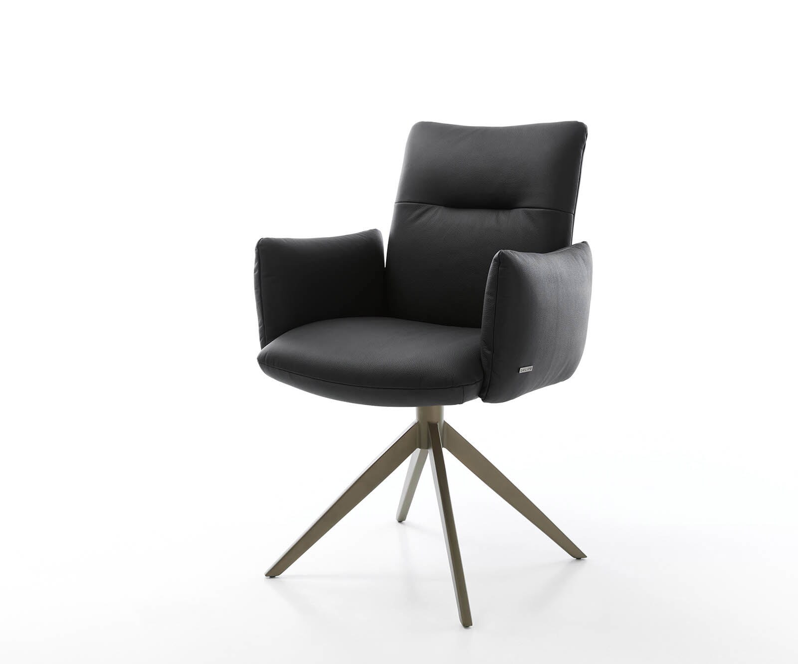 Chaise-pivotante Jova-Flex avec accoudoirs cuir de vache noir pied croisé large aspect titane pivotement sur 360° ressorts ensachés