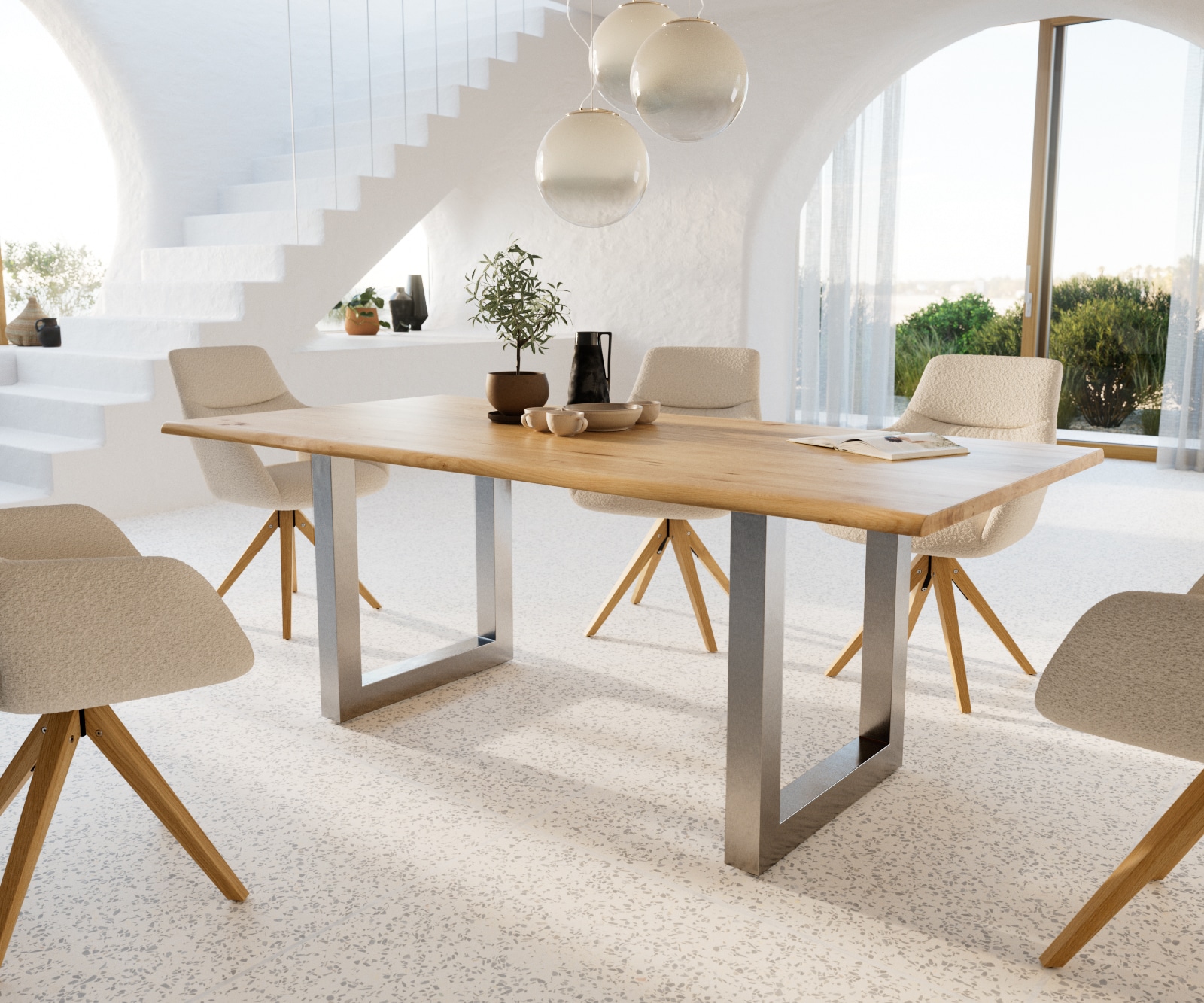 Table-à-manger Edge 200x100x2,5-3 chêne nature acier inoxydable large Live-Edge Table-à-manger Edge 200x100x2,5-3 chêne nature acier inoxydable large Live-Edge