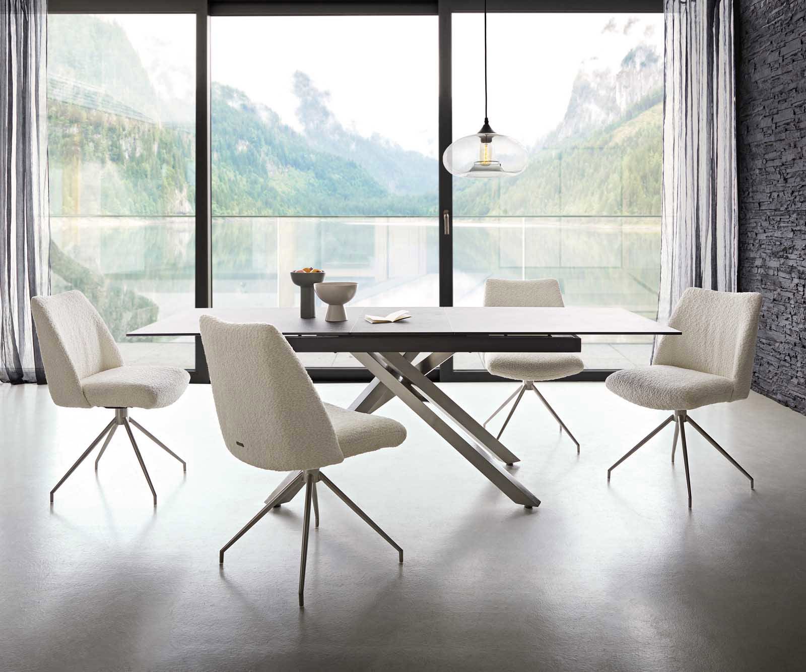 Chaise-pivotante Elso-Flex bouclé blanc pied croisé conique acier inoxydable brossé pivotement sur 180° ressorts ensachés 5