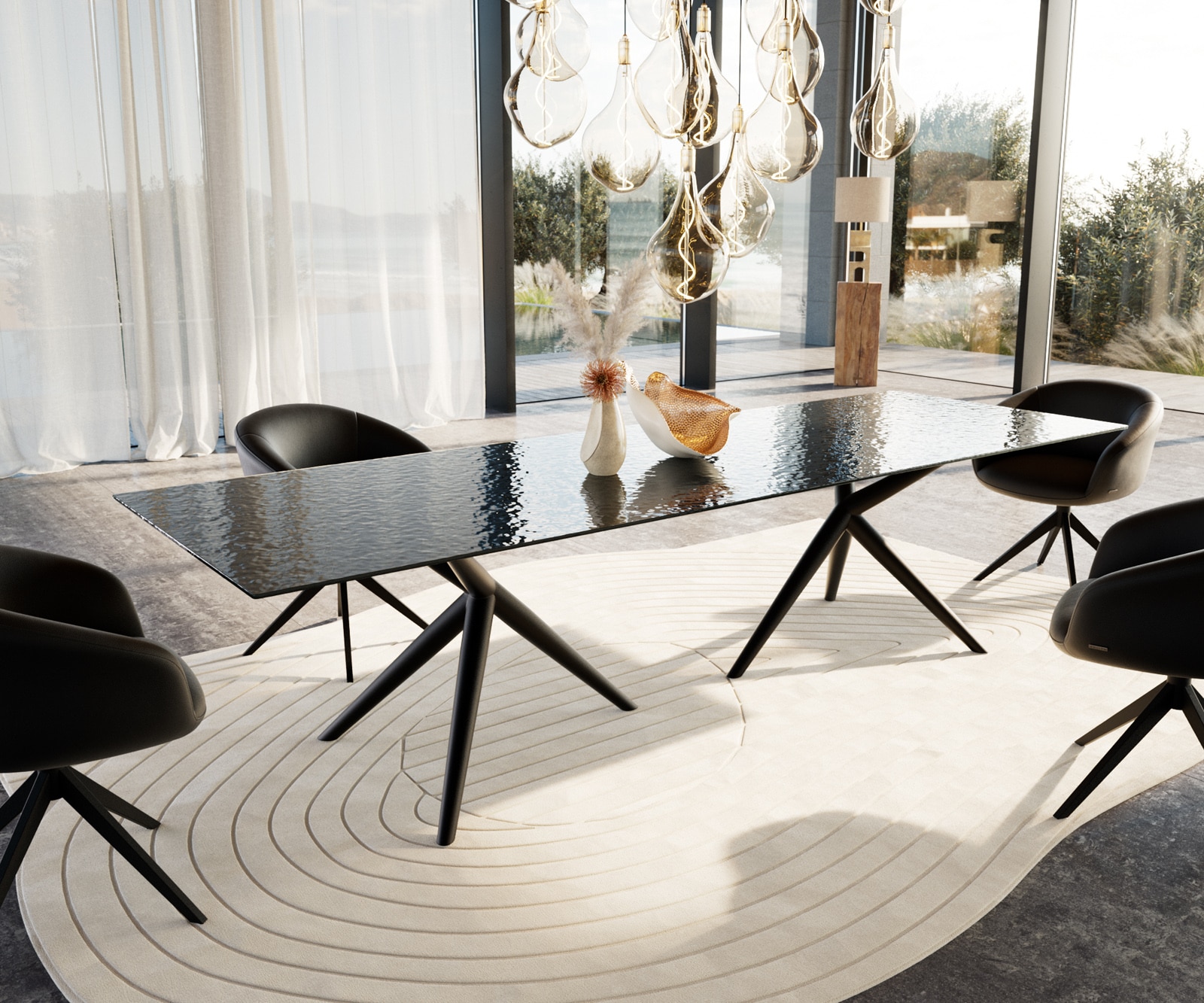 Table à manger Edge 300x100 verre en relief noir 3D-Design Estelar rond Métal Noir