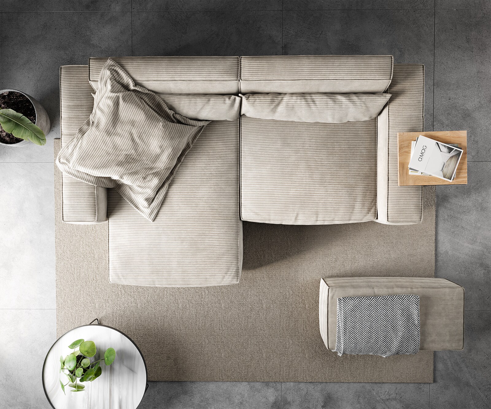 Canapé d'angle Sirpio 230x150 cm Velours côtelé Beige Recamiere variable avec Tabouret 5