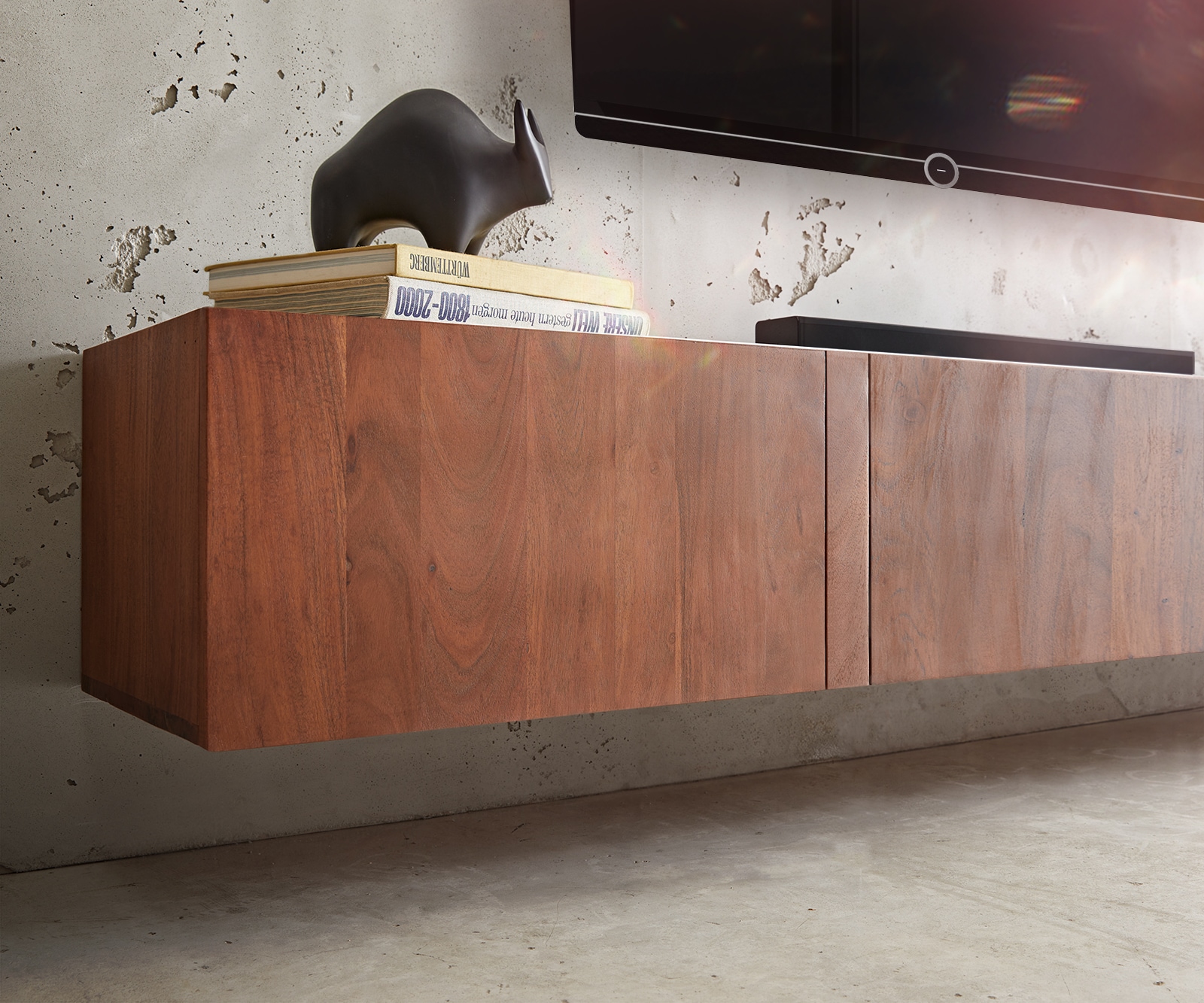 Meuble-TV Secara 200 cm acacia marron 4 portes marbre flottant 5 Meuble-TV Secara 200 cm acacia marron 4 portes marbre flottant 5