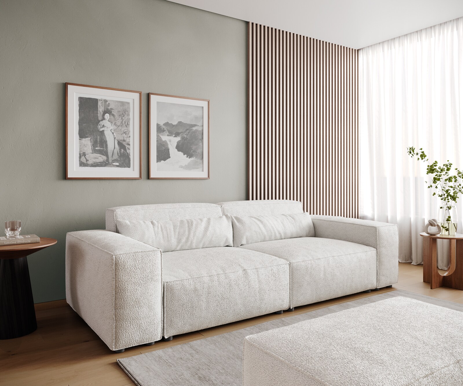 Grand Canapé Sirpio 230x95 cm Bouclee Crème-blanc avec Tabouret