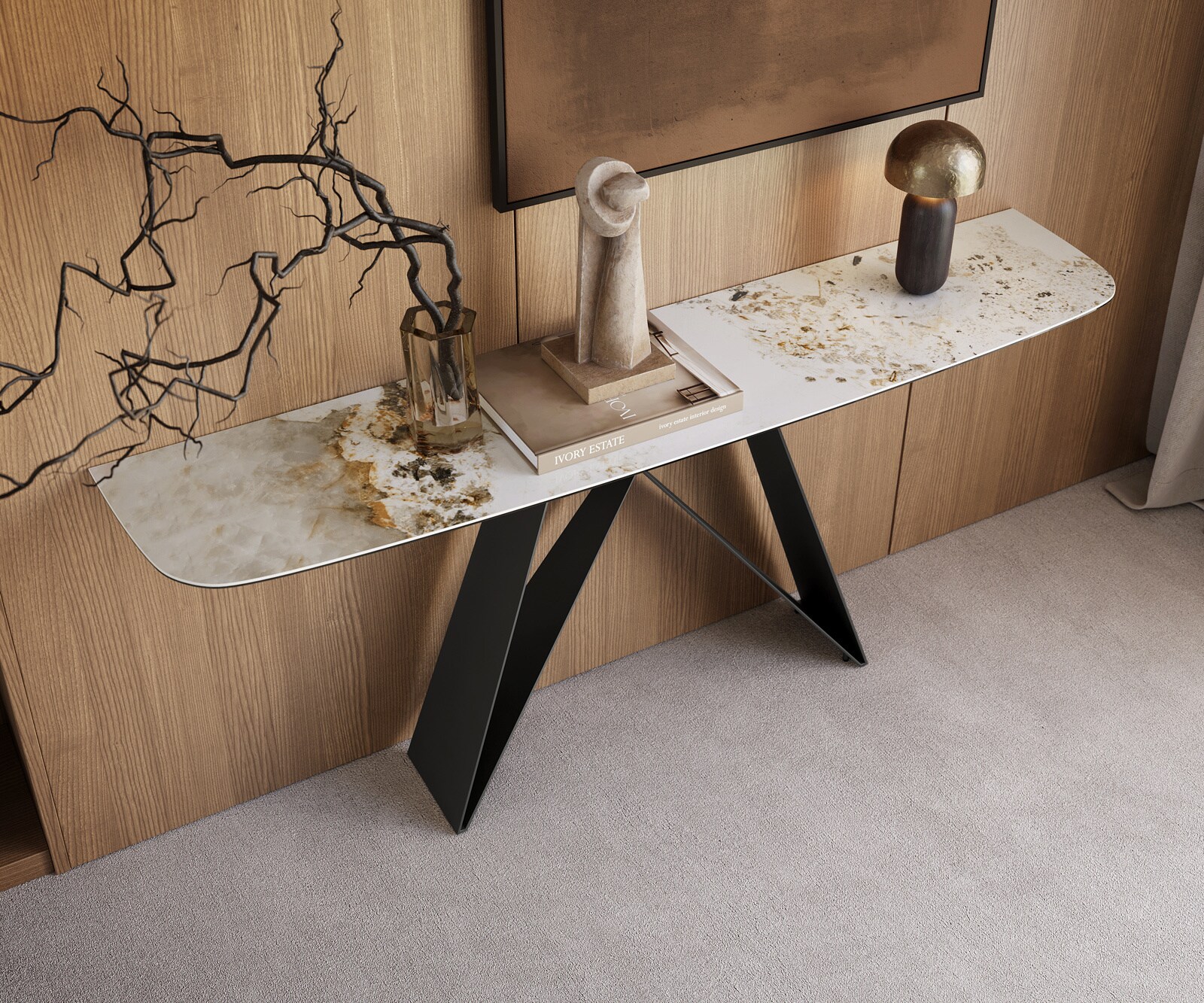 Console Edge forme bateau 180x40 cm Céramique Minas Melange Weiß-Beige Velio Métal Noir 1