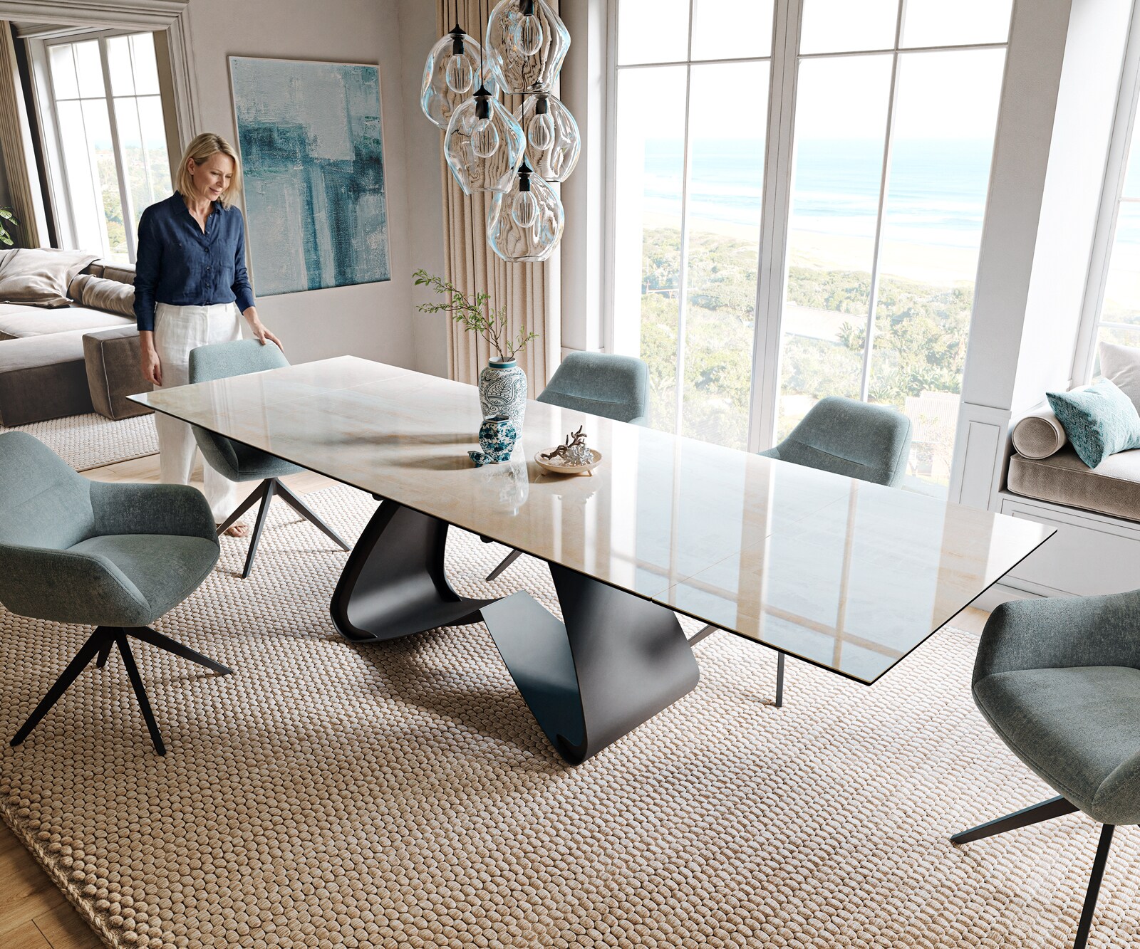 Table à manger extensible Edge 200-300x100 cm céramique Onyx Champagne piètement en W métal noir