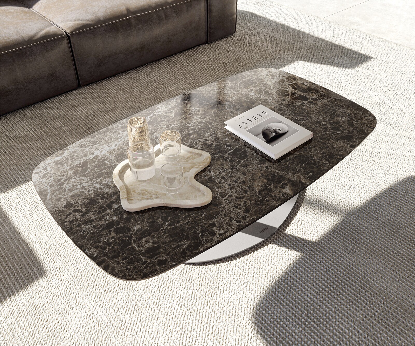 Table basse Edge Boot 120x70 cm céramique Laminam® Emperador Extra Lucidato brun foncé Vibany acier inoxydable brossé 4