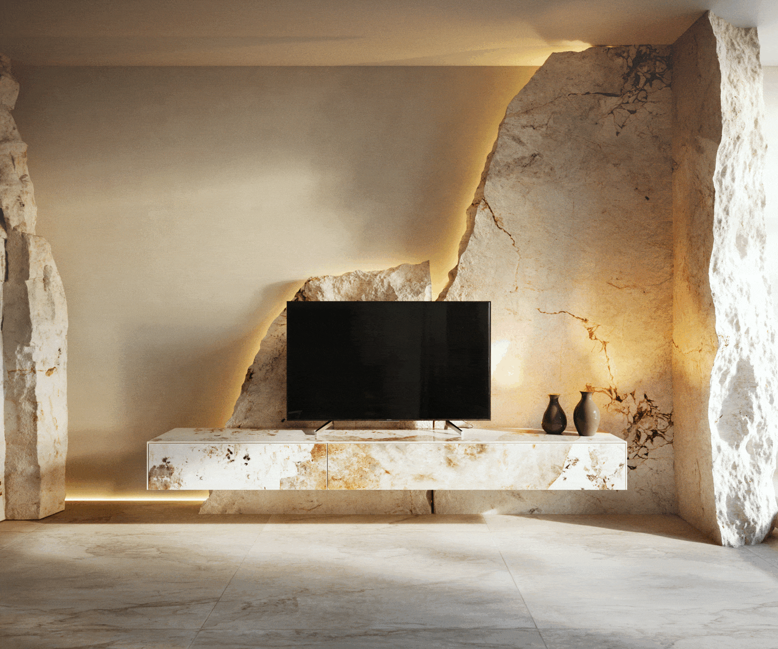 Meuble-TV Cuor 200 cm Céramique Minas Melange Blanc-beige 1 Clapet 1 Tiroir Flottant 5