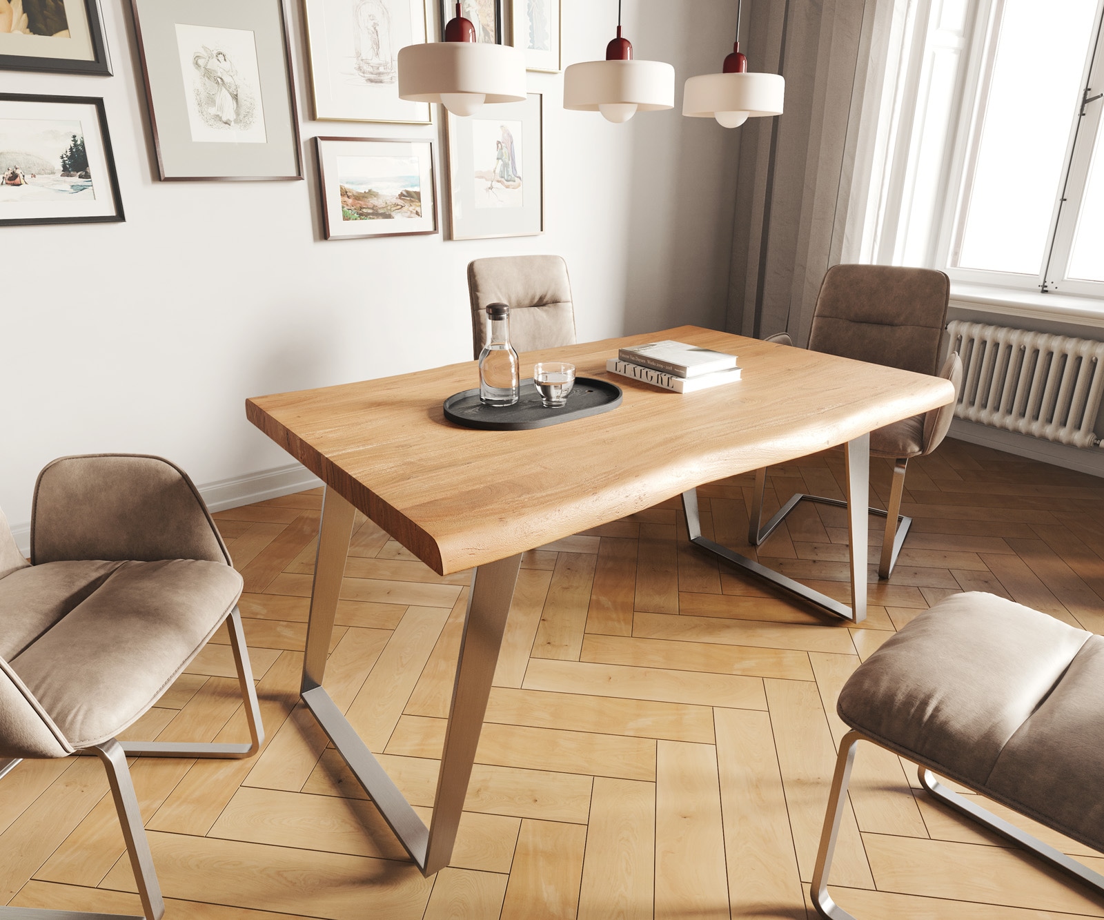 Table-à-manger Edge 140x90 XL acacia nature acier inoxydable incliné Live-Edge Table-à-manger Edge 140x90 XL acacia nature acier inoxydable incliné Live-Edge