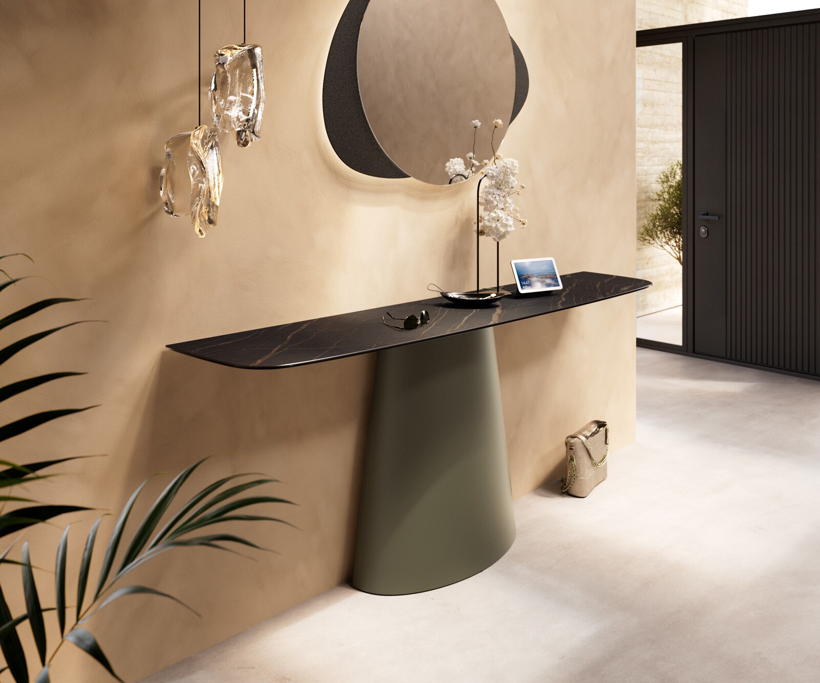 Console Edge forme bateau 180x40 cm Céramique Laminam® Noir Desir Braun Conos Métal Effektfinish Titan 1