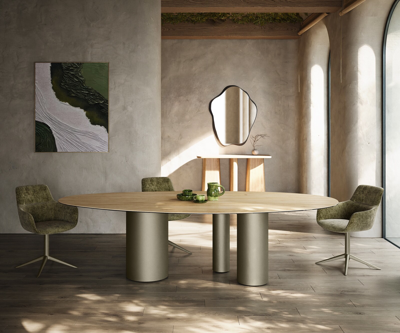 Table à manger Edge Ovale 280x130 Céramique Laminam® Sabbia Couleur chêne Troa Métal finition à effet Titane 2